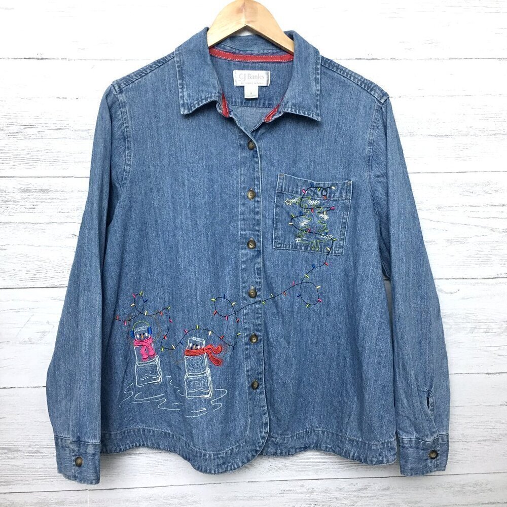 CJ Banks Women's Denim Shirt Christmas Embroidered Holiday Jean Shirt Whimsical